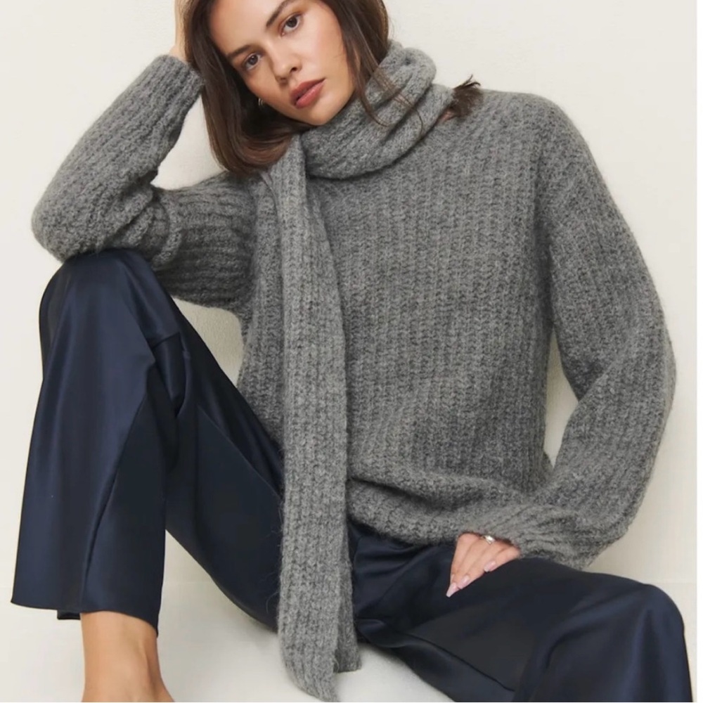 Reformation Spence Scarf Sweater in Thunder Grey Thick Knit Pullover Wool Crew